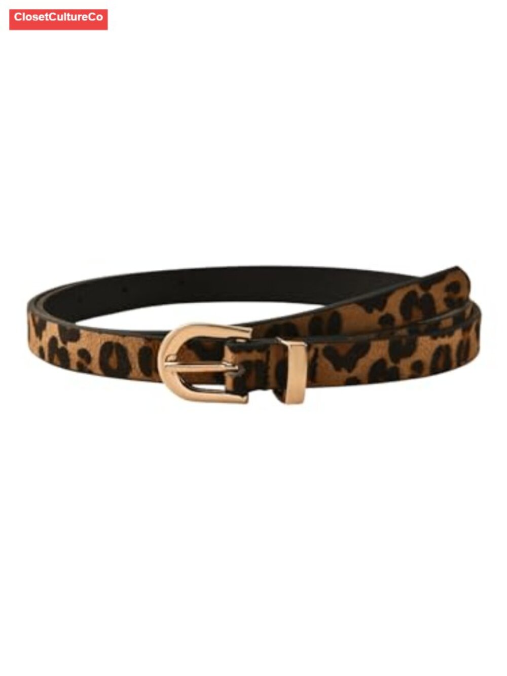 Faux Leather Skinny Belt Leopard Print Gold Buckle Western Y2K